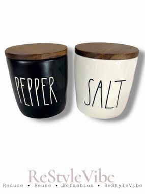 RAE DUNN By MAGENTA Salt & Pepper Cellar Set Artisan Collection Ceramic Jar Wood